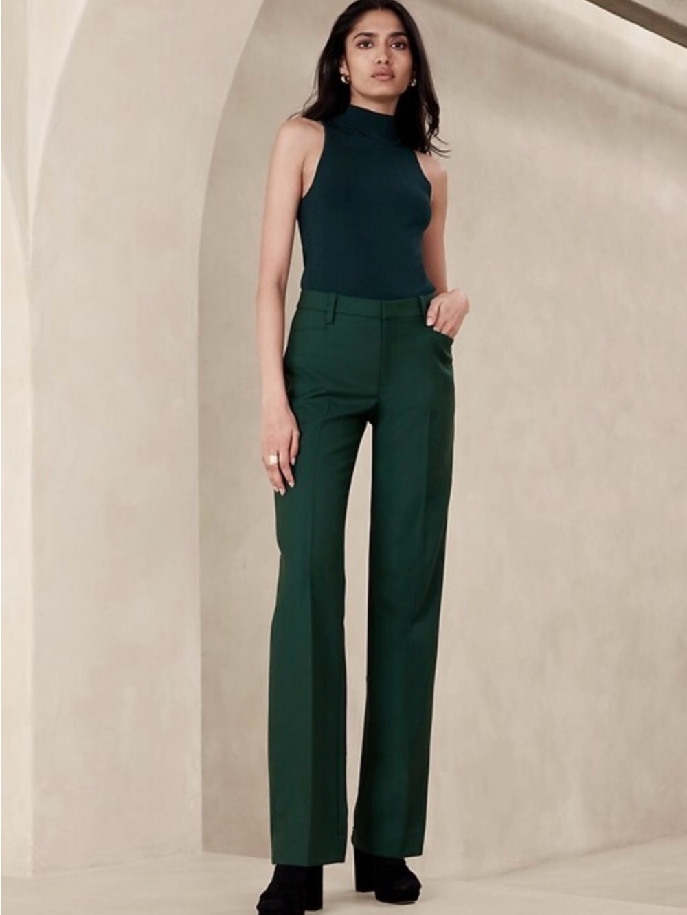 Banana Republic Petite Lidi Forest Green High-Rise Wide-Leg Trousers